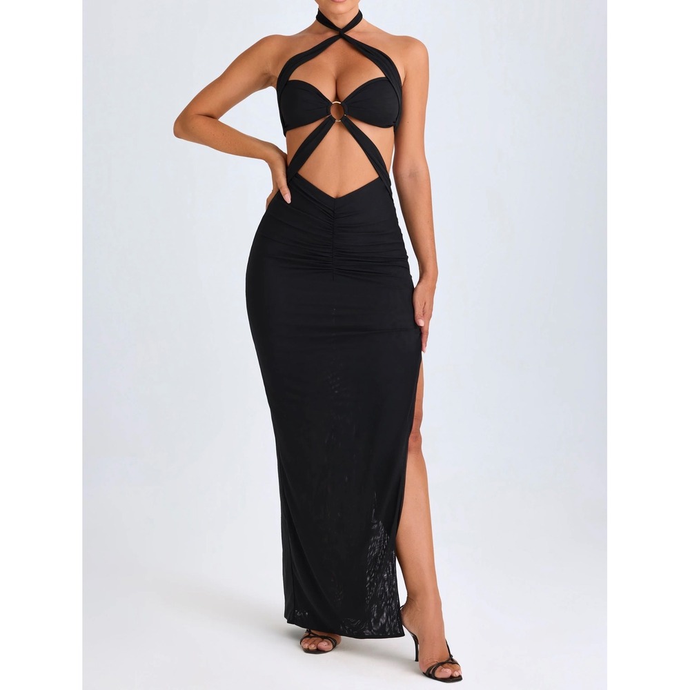 Oh Polly Black Cut Out Halter Maxi Dress Ruched Side Slit XXS NEW